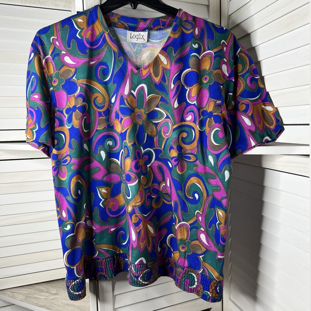 Vintage Logix 90s‎ Bold Floral Abstract Top V-Neck Elastic Hem Women's **XL-Read